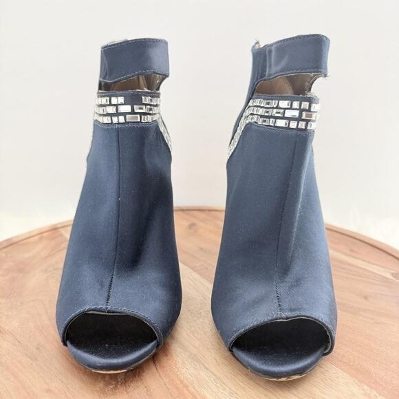 Nine West Boots Womens Size 7M Navy Blue Peep Toe Ankle Bootie Rhinestone Heels - Picture 2 of 12
